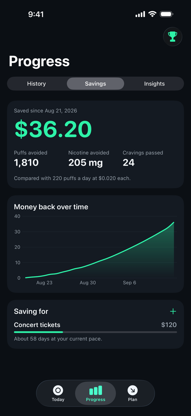 Savings and puffs avoided shown in Puff Drop
